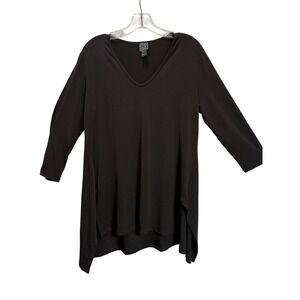 Clara Sunwoo Black V-Neck Tunic Top 3/4 Sleeve High Low Side Slit Womens Medium